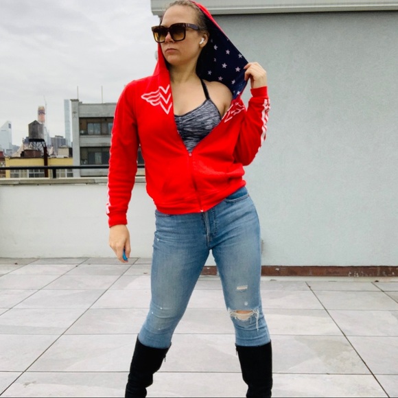 2in1 Vintage Wonder Woman Starred Turn Double Side Hoodie Red Blue - Picture 2 of 16